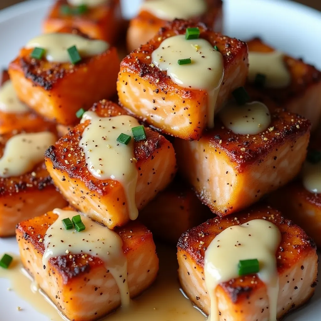 Gourmet salmon appetizer bites with golden caramelized edges and velvety sauce topping