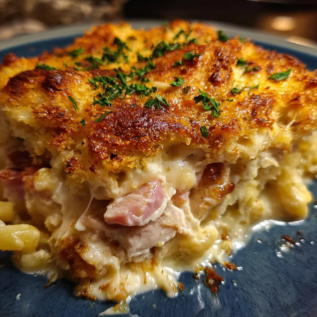 Golden chicken cordon bleu casserole with melted cheese and crispy breadcrumb topping