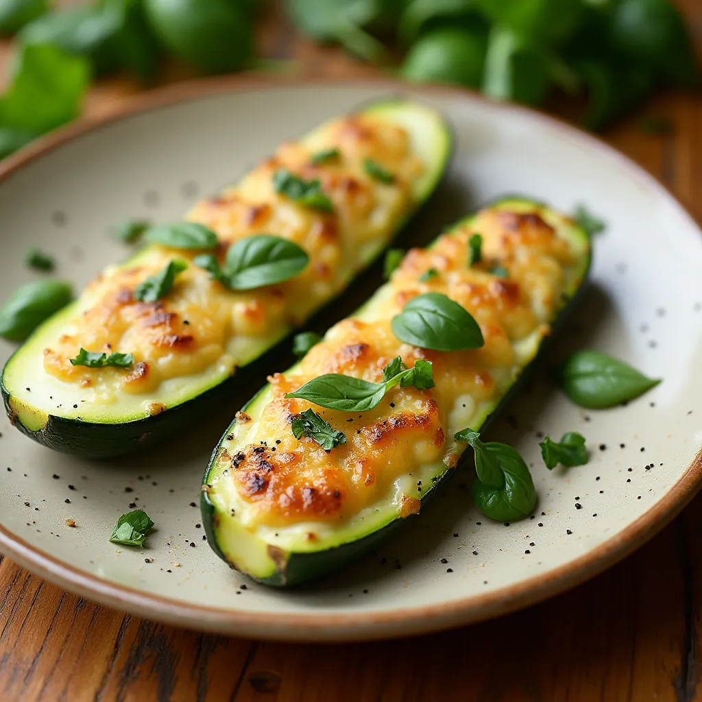Low-carb zucchini boats topped with bubbling melted cheese and aromatic herbs