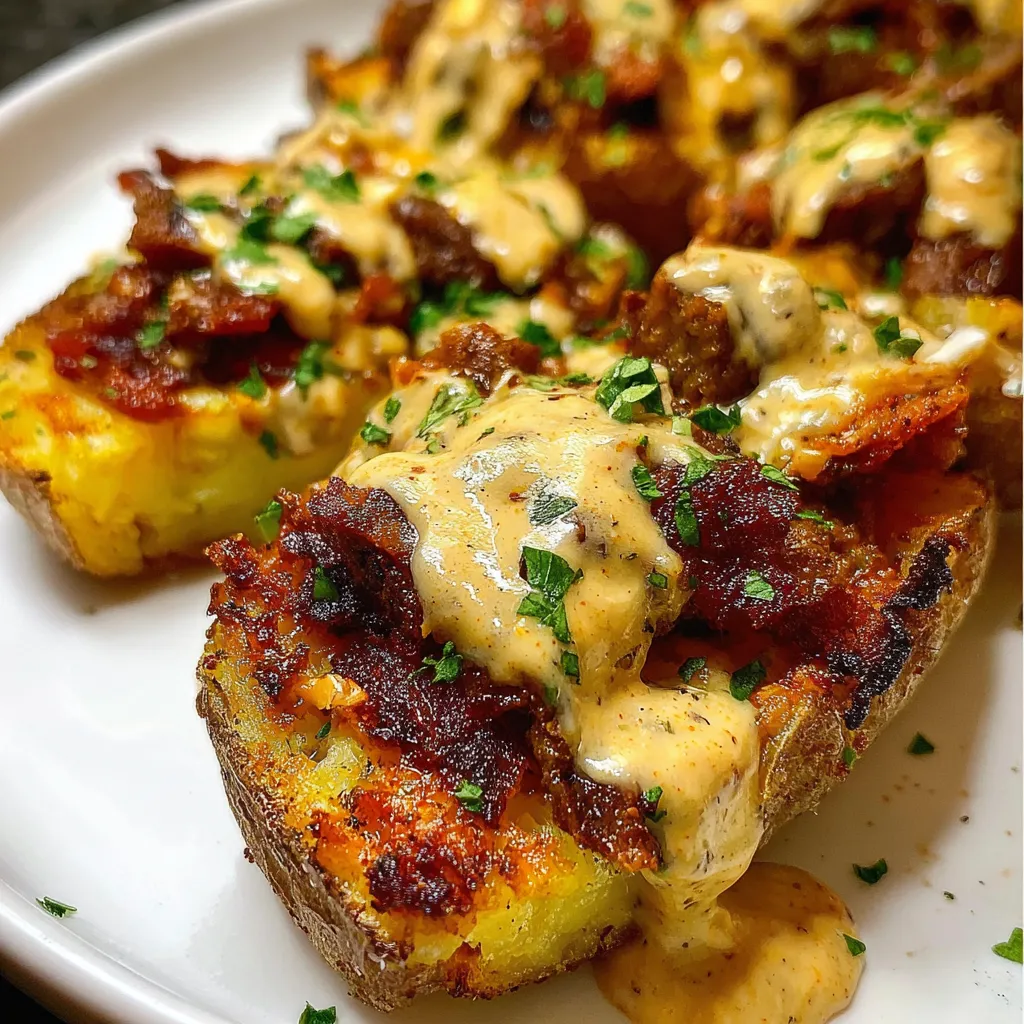 Delicious loaded potato skins with perfectly melted cheese sauce and crispy bacon garnished with herbs