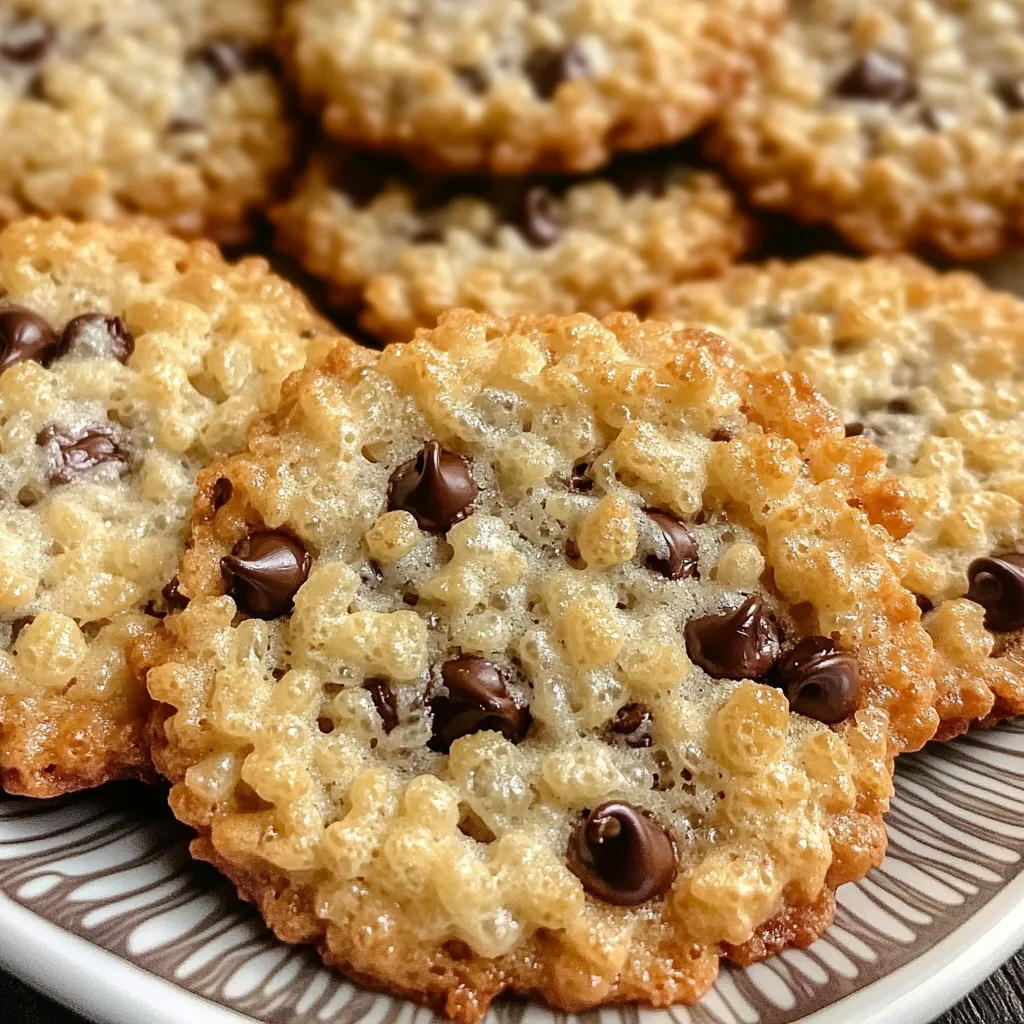 Golden crispy Rice Krispie cookies loaded with chocolate chips cooling on wire rack