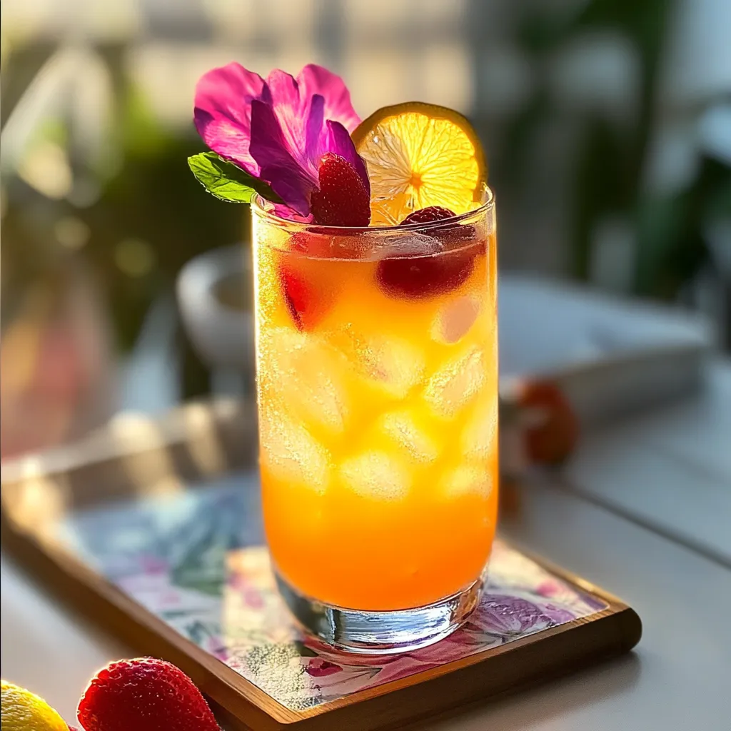Refreshing layered drink in tall glass with fresh fruit garnish on wooden board