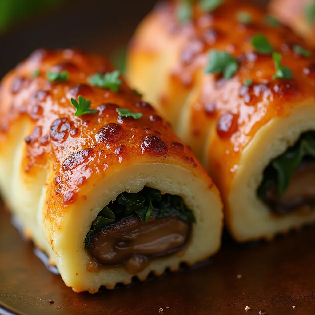 Delicious homemade crepe rolls filled with sautéed mushrooms and wilted spinach, perfect for elegant appetizers