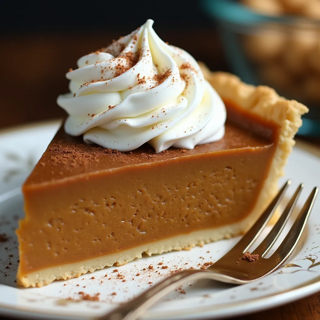 Slice of creamy pumpkin pie topped with whipped cream and dusted with cinnamon on a decorative plate