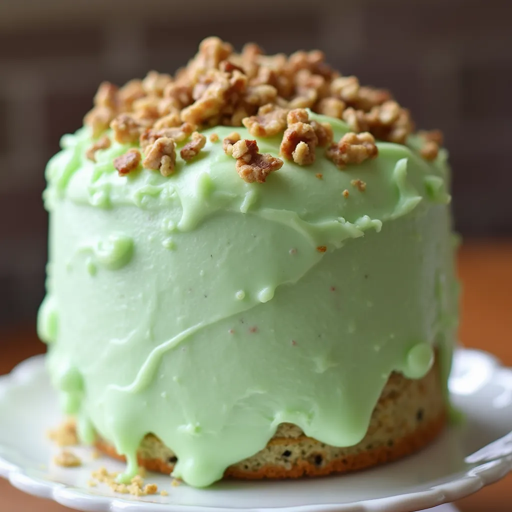Moist pistachio cake topped with creamy mint frosting and crunchy nut crumble