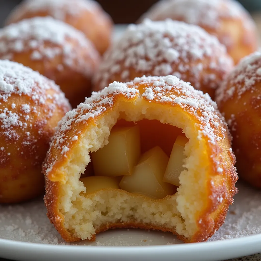 Soft fluffy donut balls with sweet apple filling and a light coating of powdered sugar