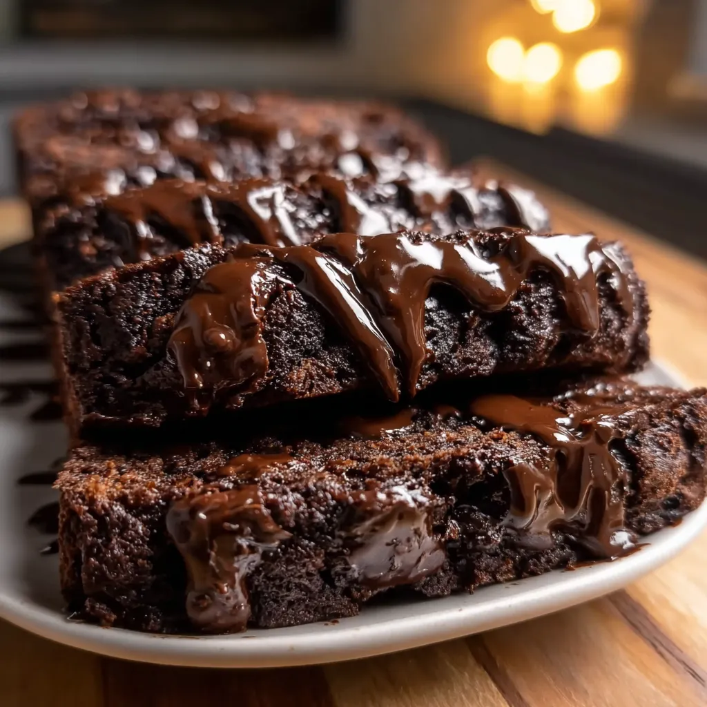 Decadent fudgy brownie loaf with thick chocolate drizzle and perfect moist texture