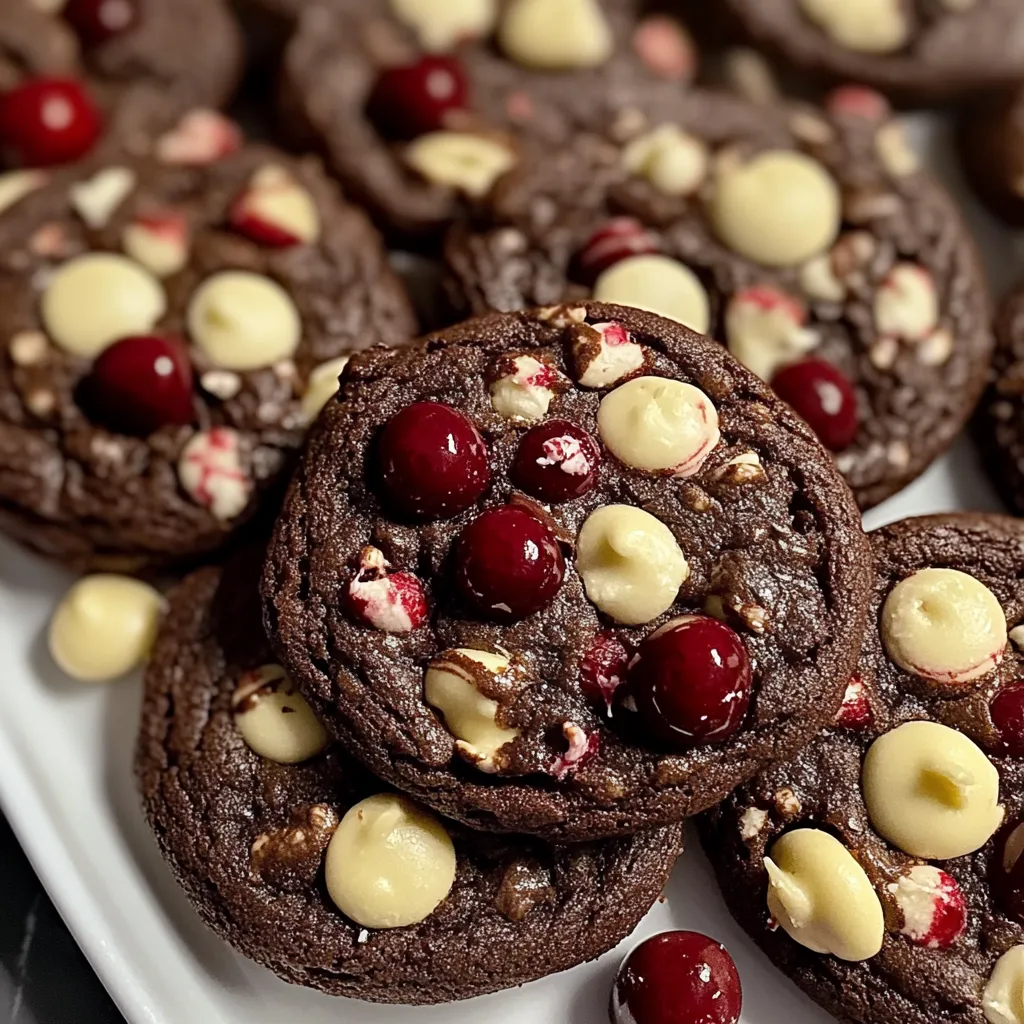 Decadent chocolate cookies topped with white chocolate and red cranberries cooling on tray