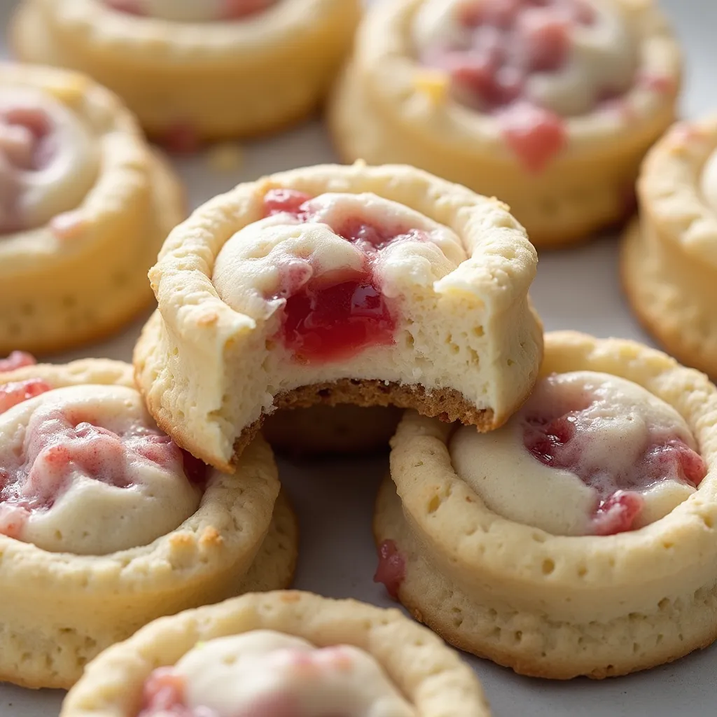 Bite-sized cheesecake tarts with sweet raspberry filling on a golden cookie base