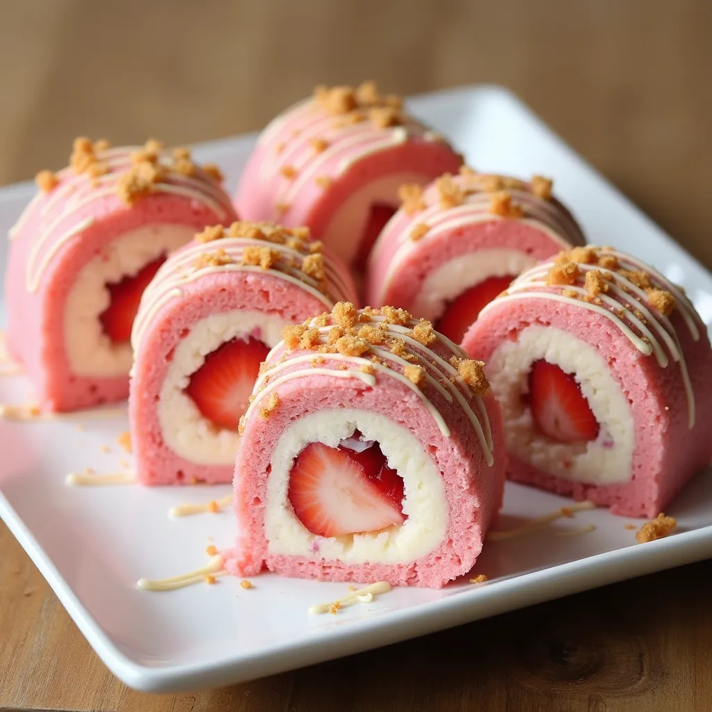 Strawberry shortcake sushi rolls with cheesecake filling and white cream drizzle on a white plate.