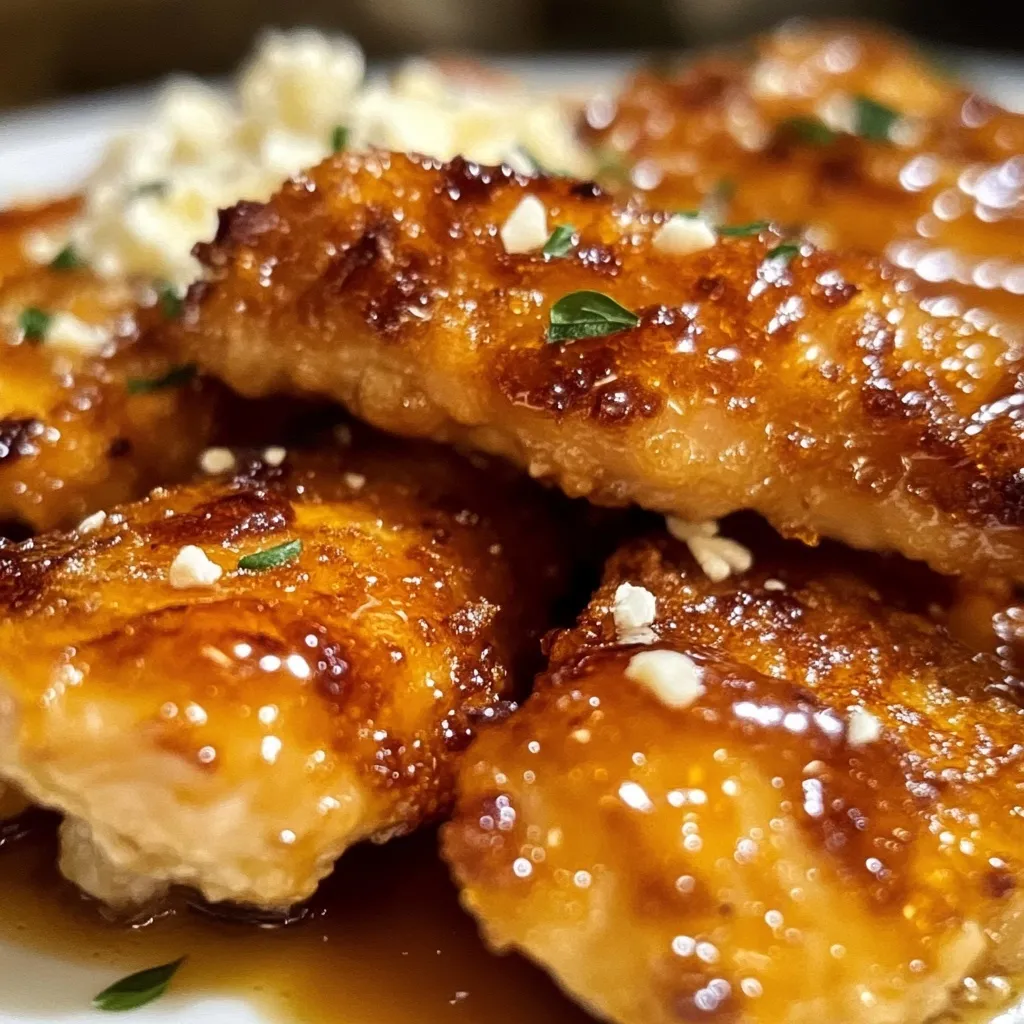 Spicy honey glazed chicken topped with white feta crumbles and green herbs close up