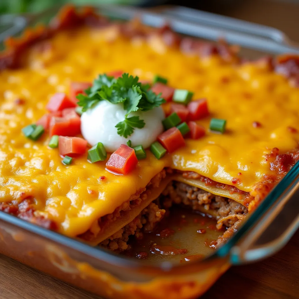 Homemade Mexican style lasagna in glass dish topped with sour cream, diced tomatoes and cilantro