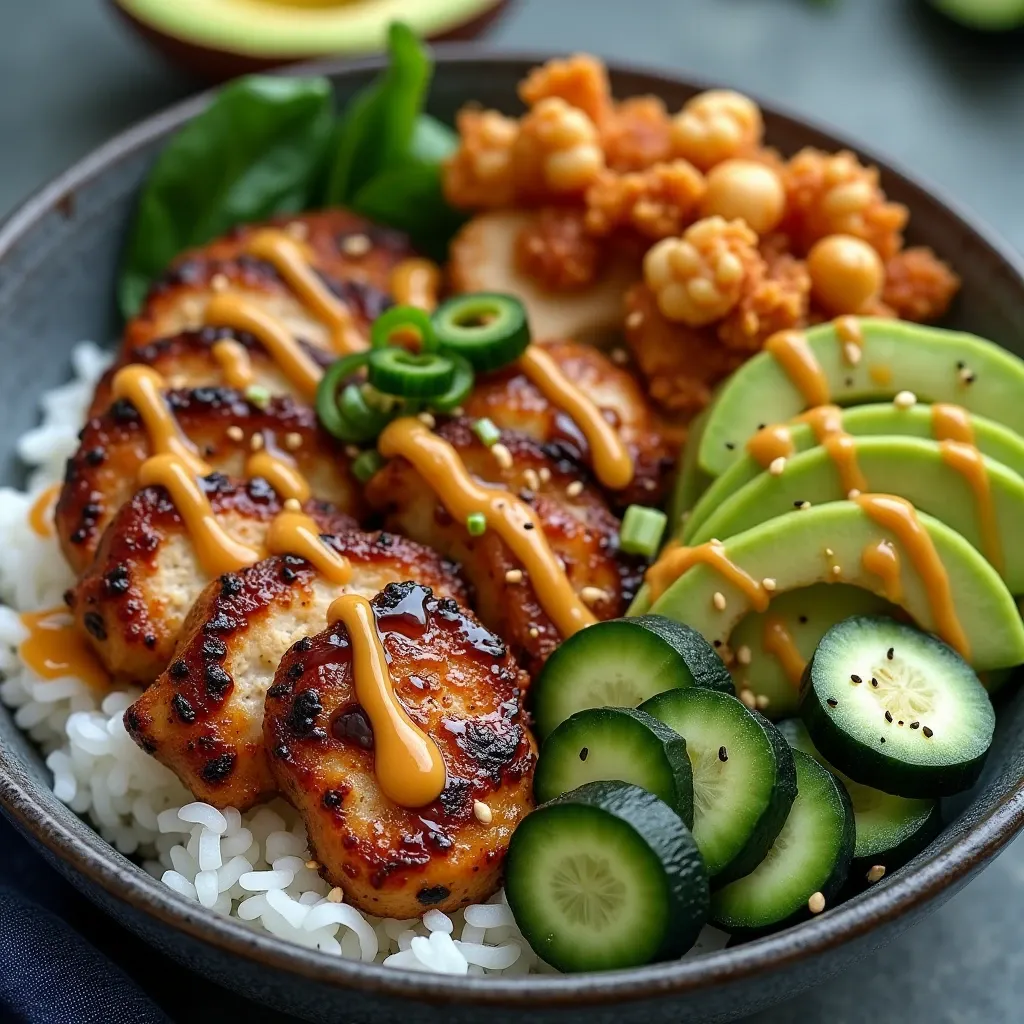 Japanese inspired chicken bowl with glossy teriyaki sauce and fresh green vegetables
