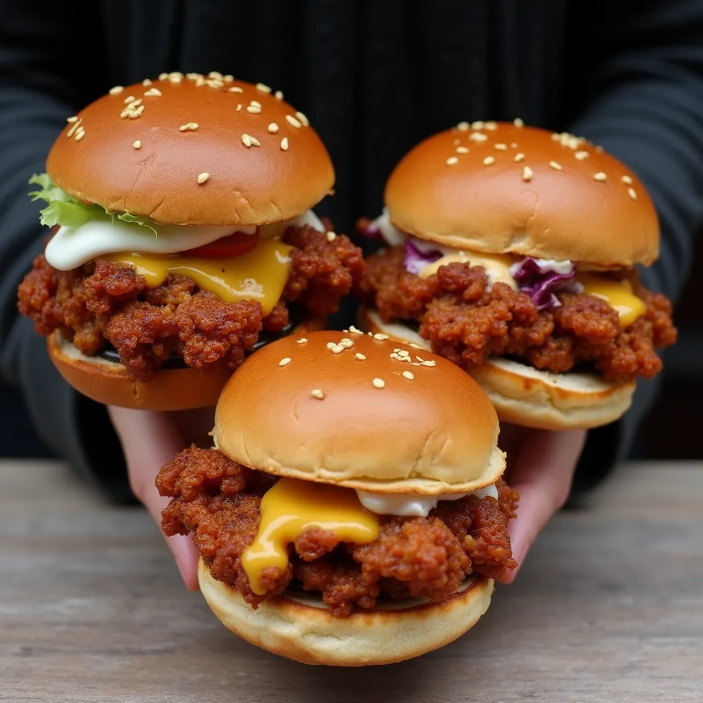 Three homemade spicy chicken sliders with golden brown crispy coating