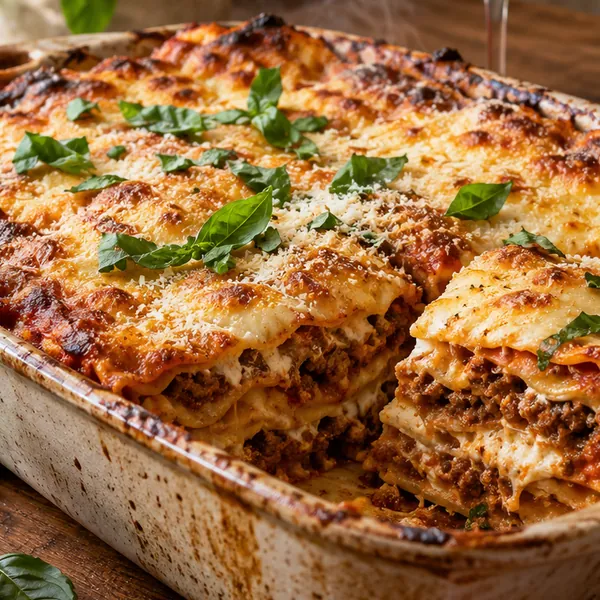 Close-up of layers: creamy béchamel, ricotta and savory ragù