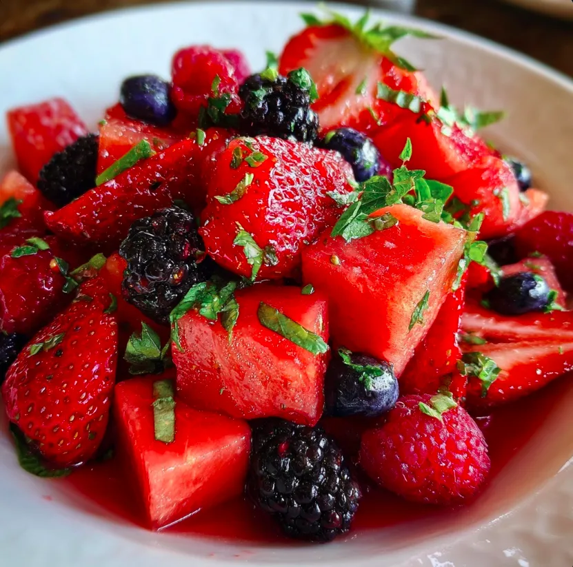 Vibrant summer fruit salad featuring cubed watermelon and assorted berries in a white serving bowl