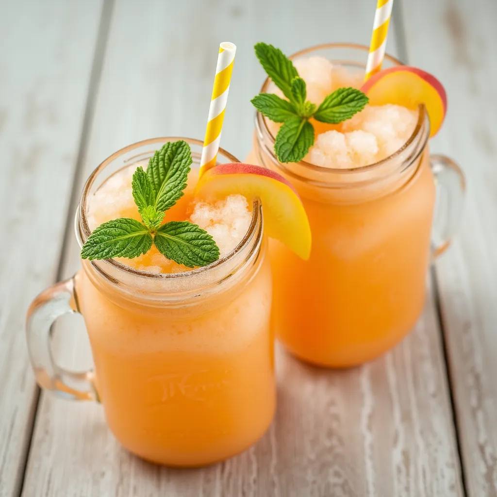 Refreshing frozen peach lemonade slushies in mason jars with yellow striped straws and mint garnish on wooden table