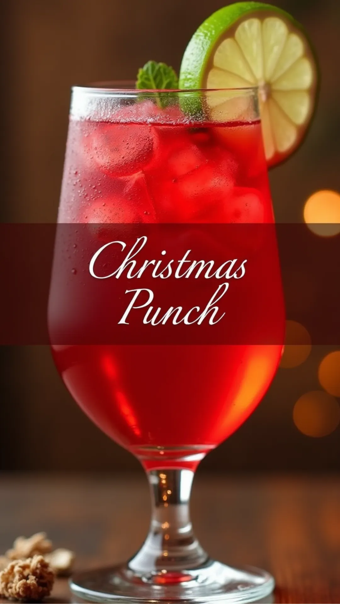 Refreshing holiday punch in a wine glass with ice cubes, vibrant red color and citrus garnish