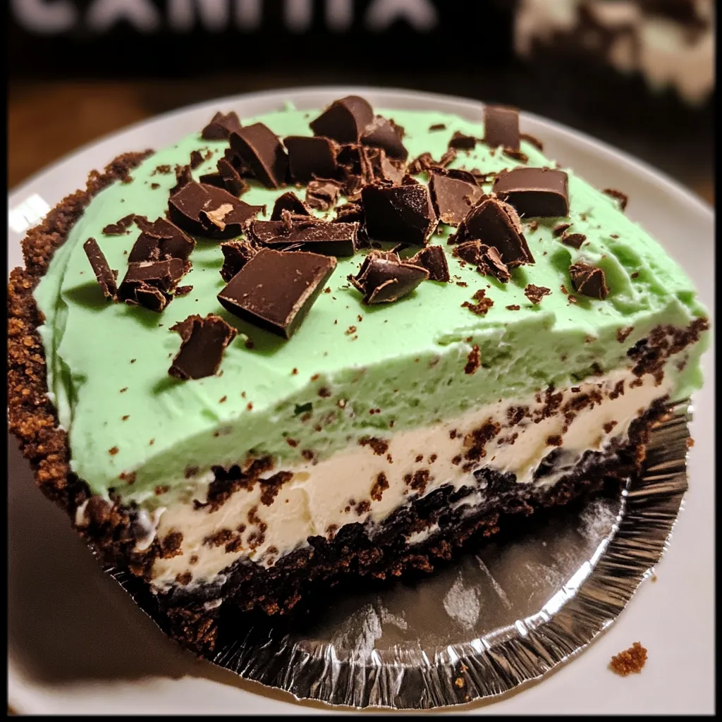 Slice of mint green grasshopper pie with chocolate cookie crust and dark chocolate chunks on top