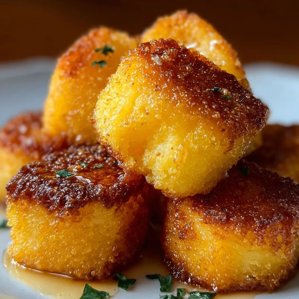 Golden caramelized fondant potatoes with crispy exterior and fresh herb garnish on dark plate