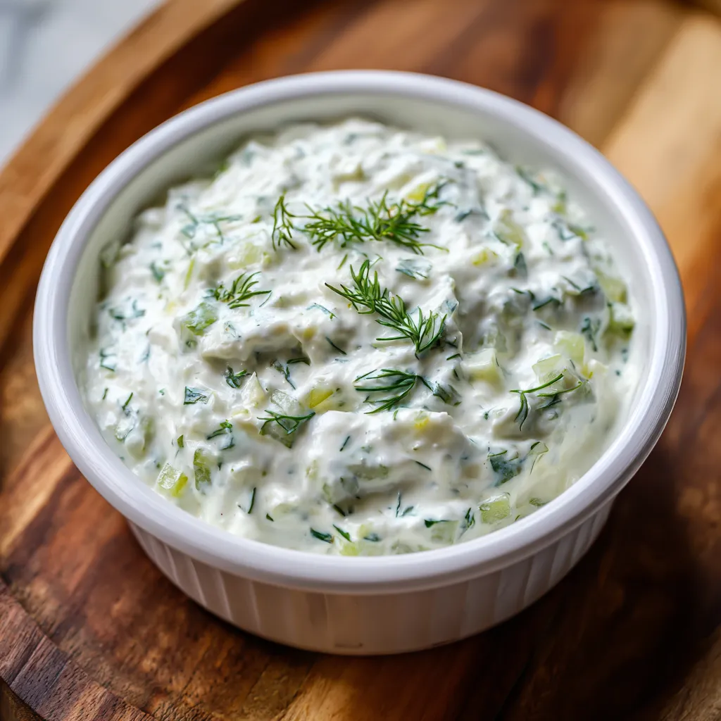 Traditional Greek cucumber yogurt dip with herbs in white bowl ready to serve
