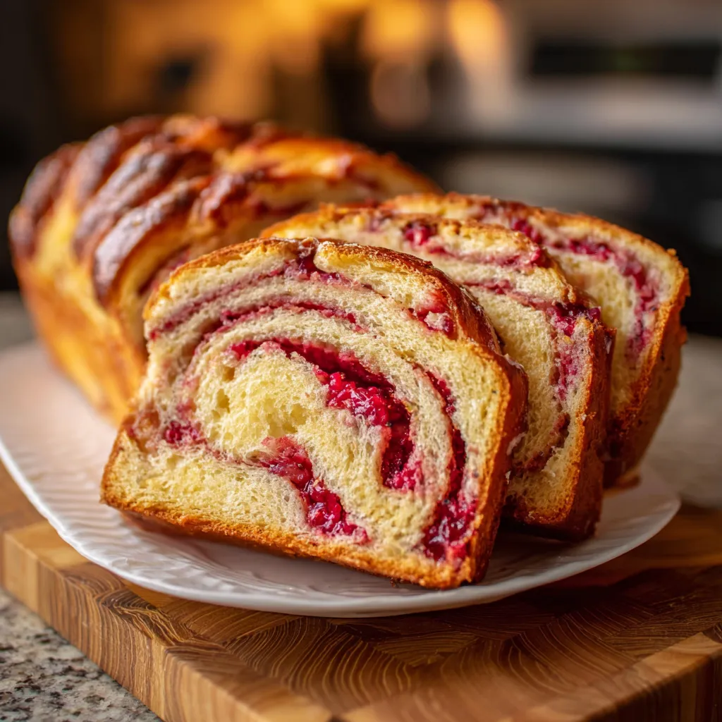 Homemade brioche bread with vibrant red raspberry swirls displayed on wooden cutting board