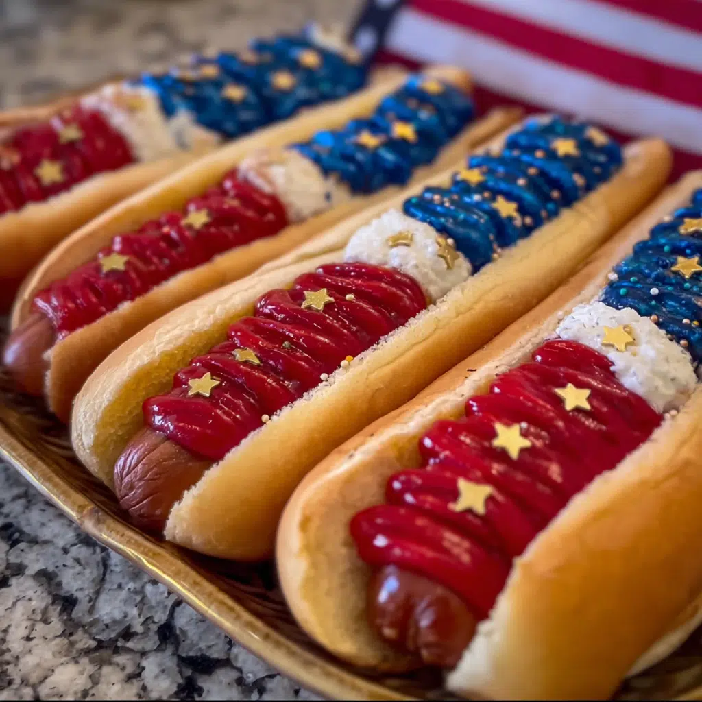 Fourth of July flag hot dogs with red white blue toppings patriotic American food display
