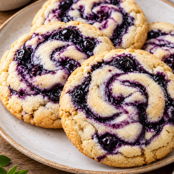 Overhead view of multiple blueberry cheesecake swirl cookies on parchment