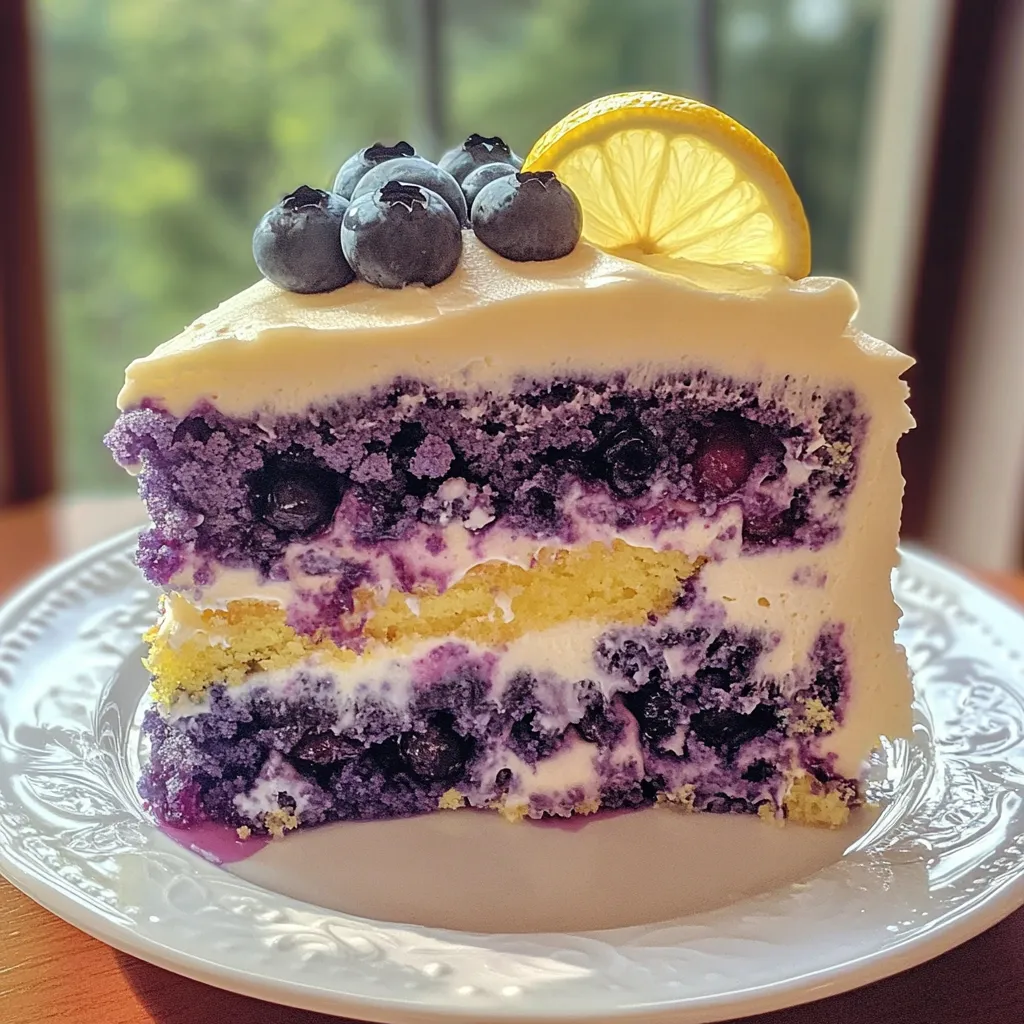 Slice of homemade blueberry cake with lemon frosting garnished with fresh blueberries and lemon slice