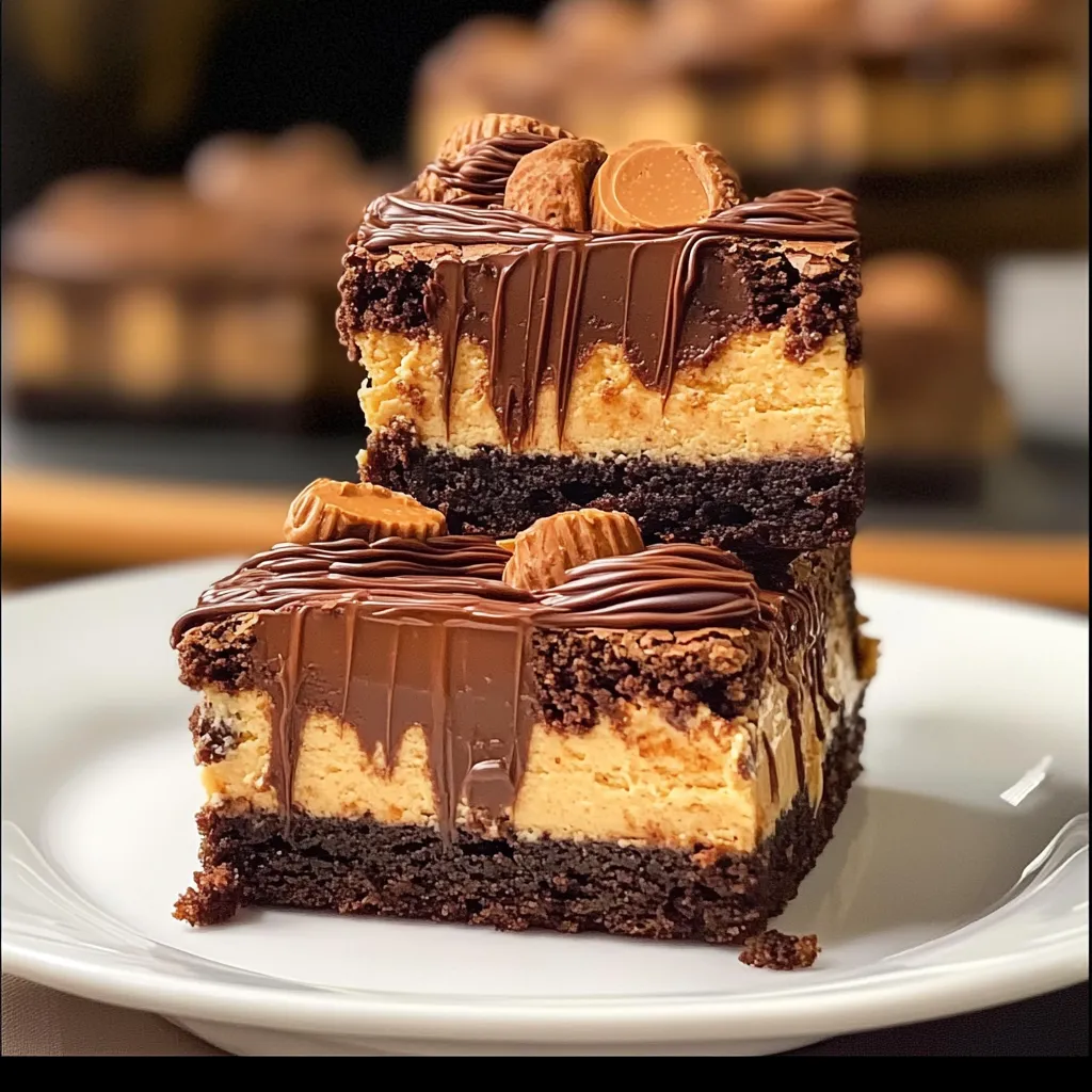 Luxurious peanut butter cup cheesecake brownies with chocolate drizzle and candy toppings