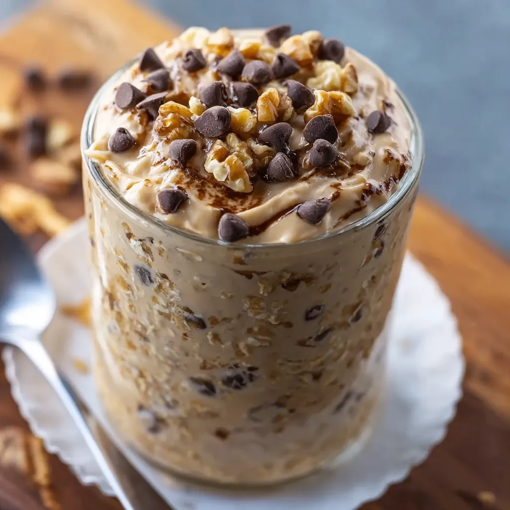 Delicious breakfast oats with cookie dough flavor and chocolate chip toppings ready to eat