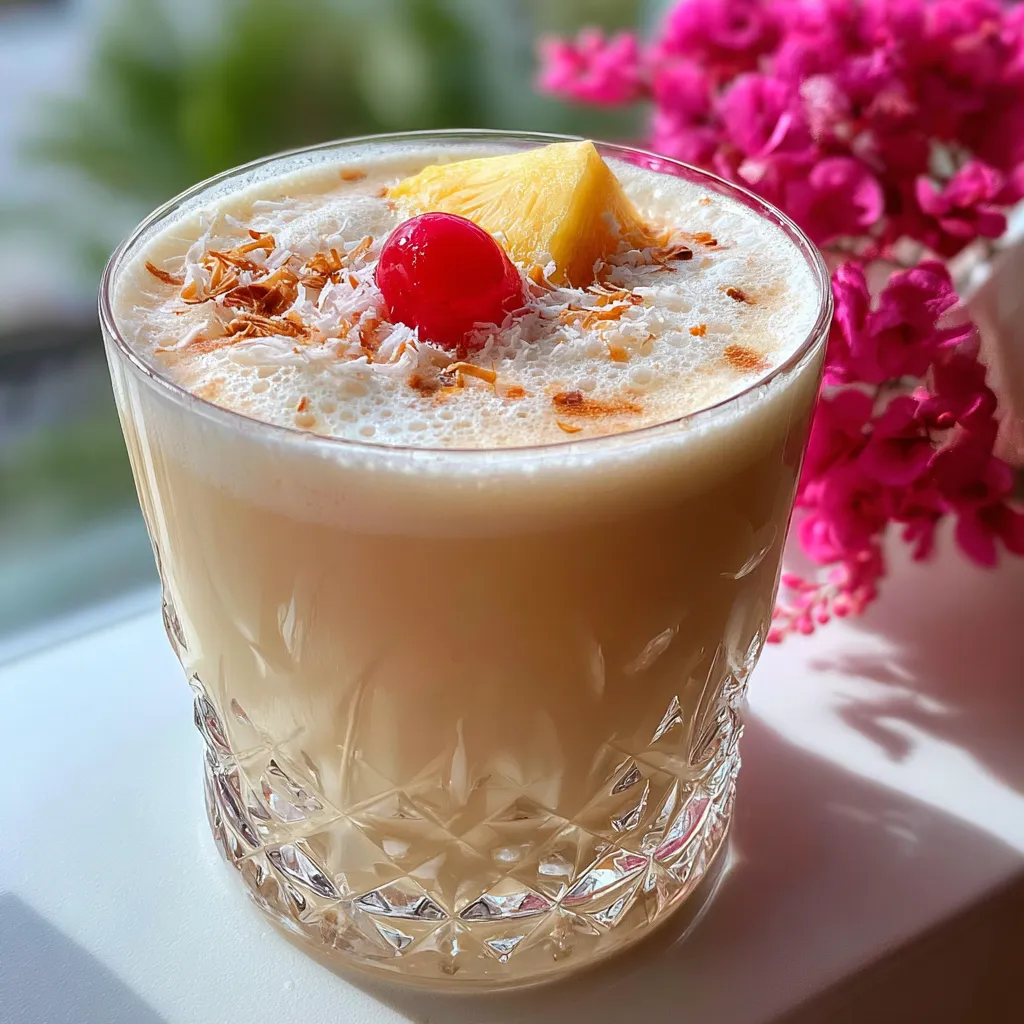 Creamy Baileys Colada cocktail in crystal glass with pineapple wedge and cherry garnish