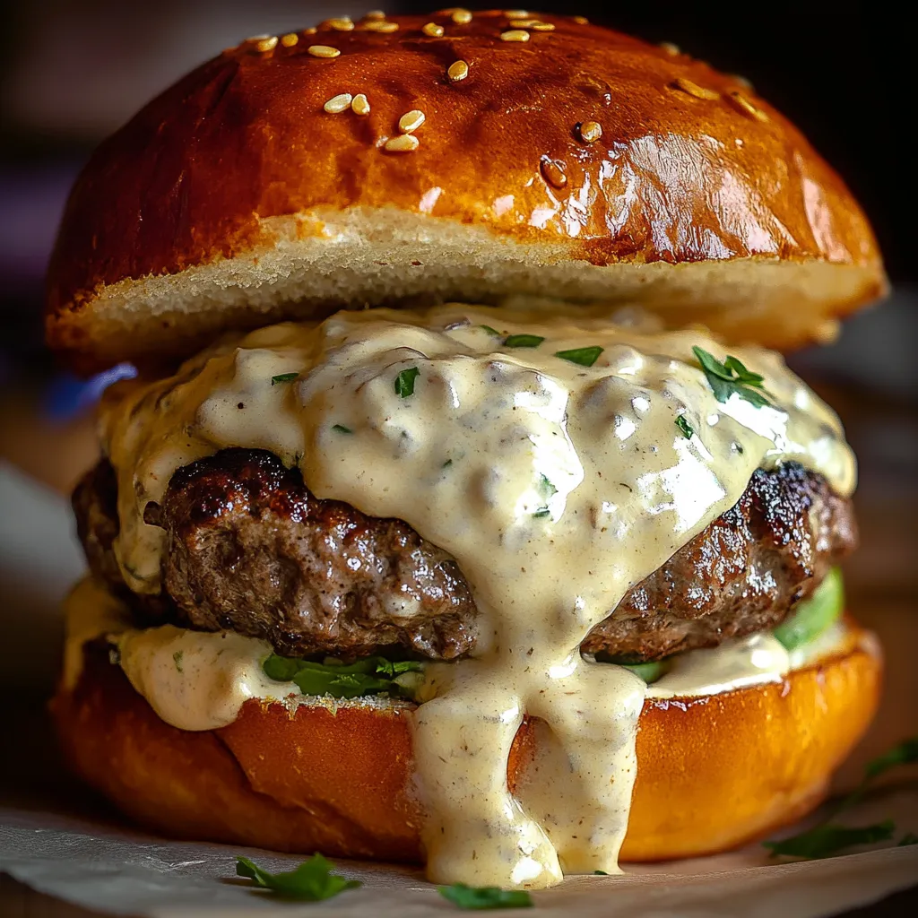 Close up of juicy garlic burger with creamy white sauce dripping down golden brioche bun
