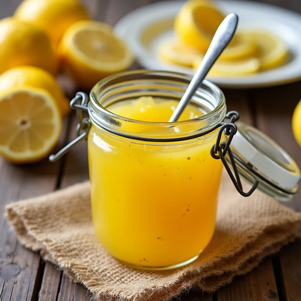 Golden yellow homemade lemon preserve with visible zest in an open jar with silver spoon
