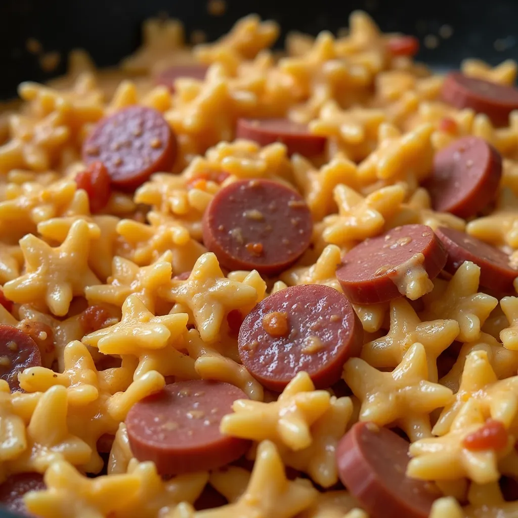 Close-up of tender pasta and juicy hot dog slices in rich cheese sauce