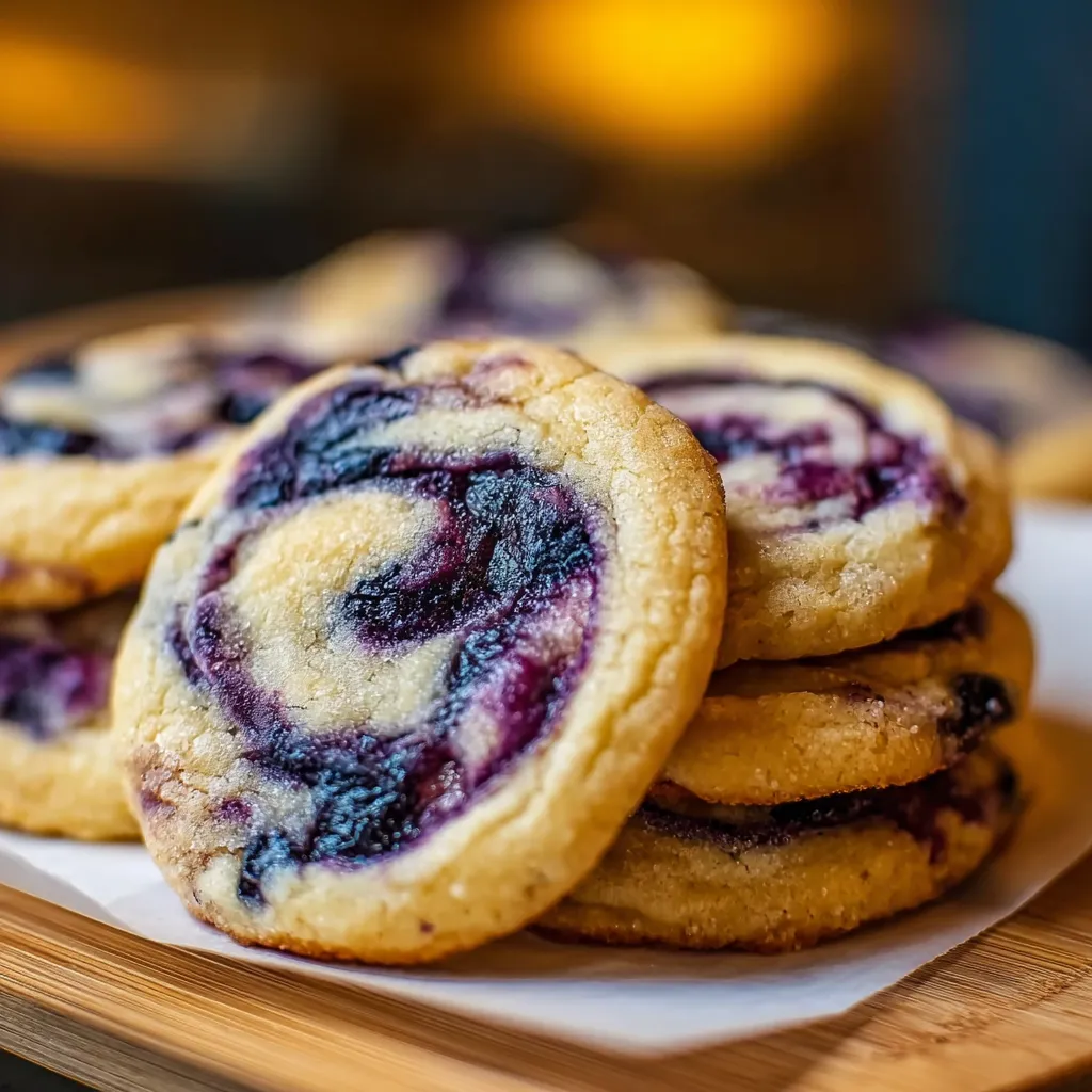 Homemade blueberry cookies with cream cheese swirls and jam marbling effects