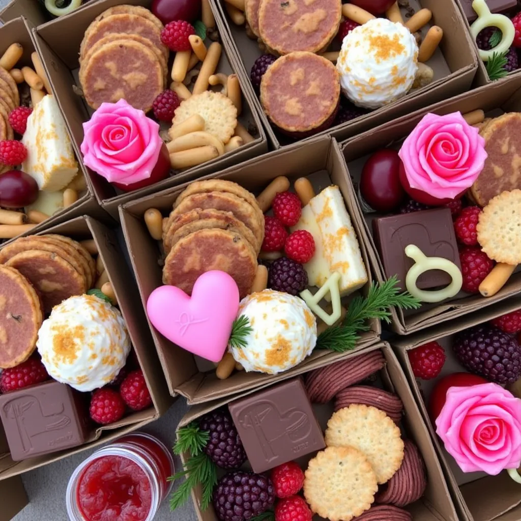 Gourmet charcuterie in personal boxes with decorative roses and premium ingredients