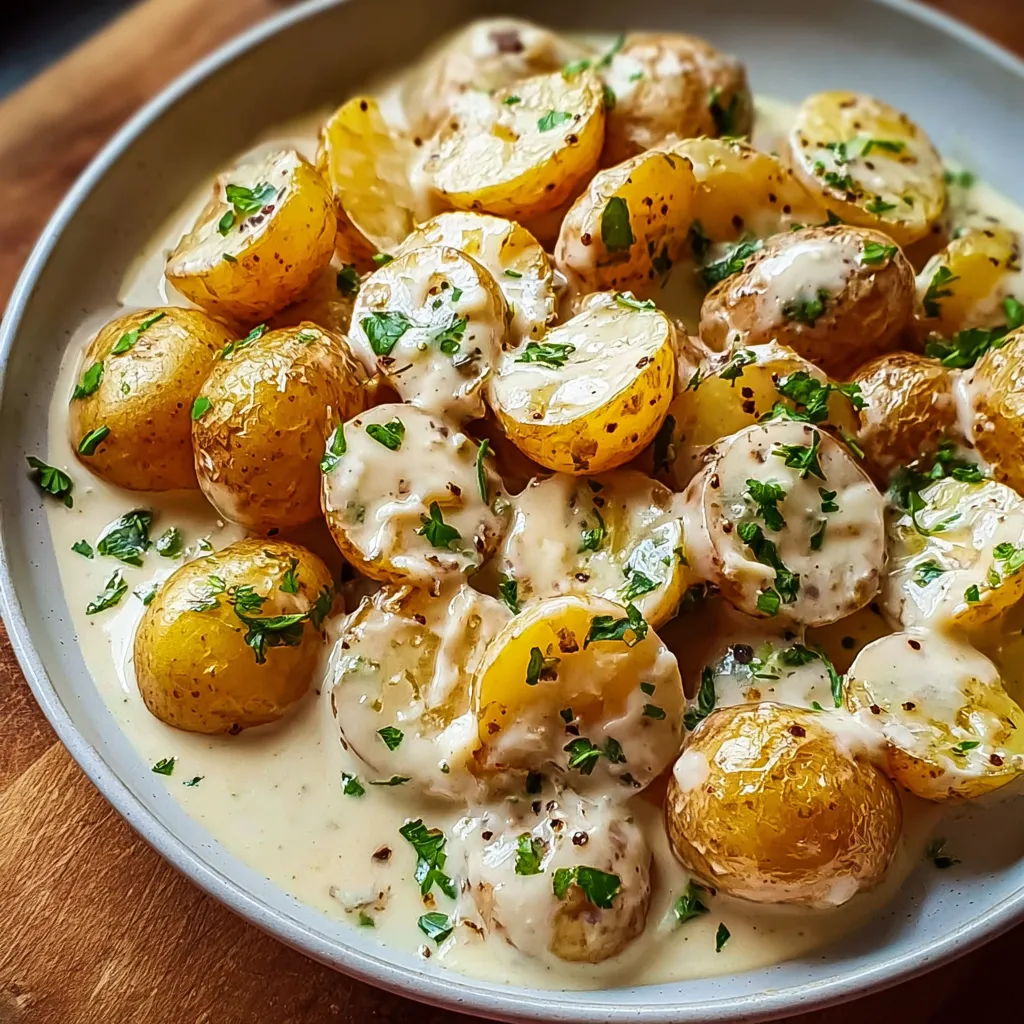 Tender roasted potatoes coated in rich white garlic cream sauce