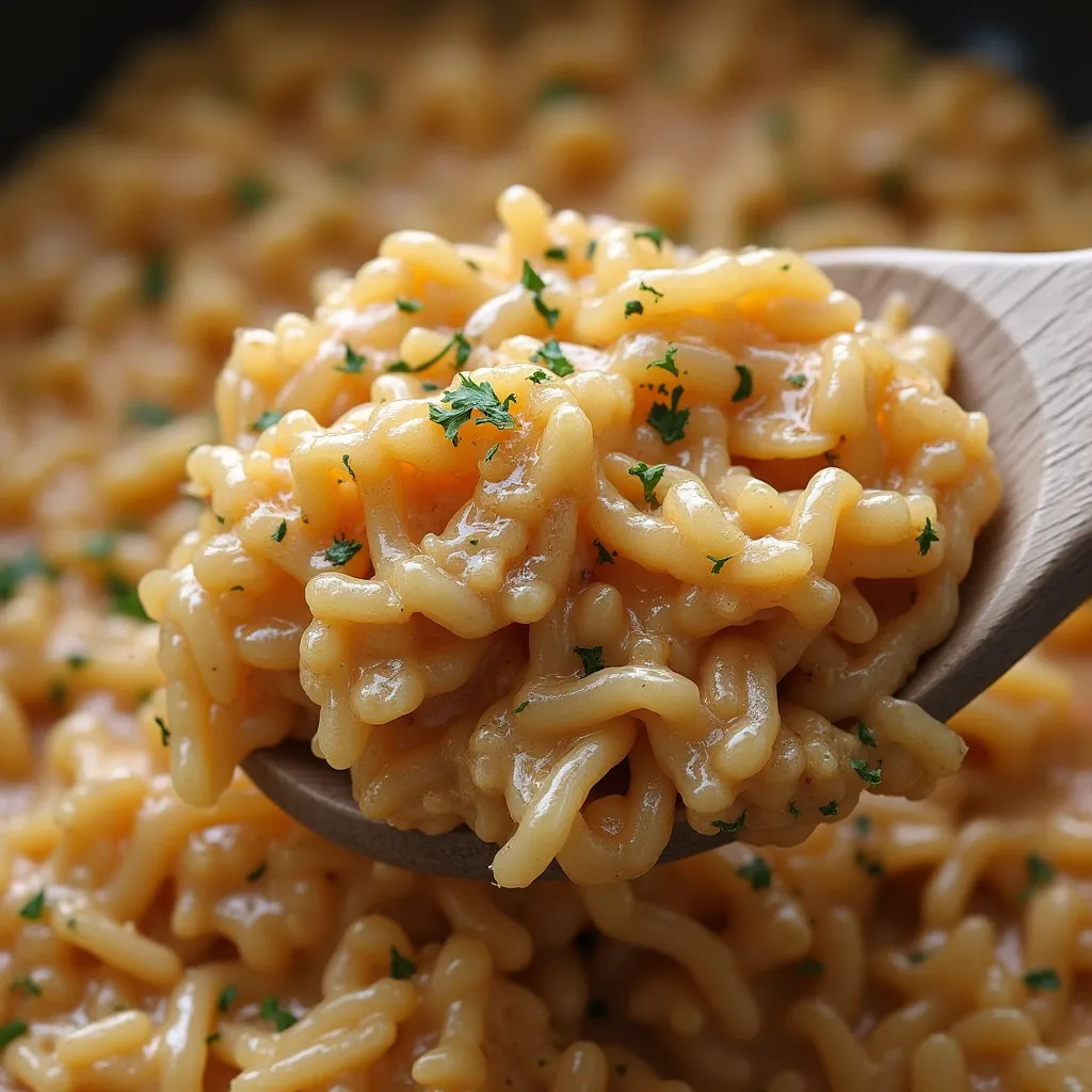 Delicious homemade creamy ramen casserole garnished with fresh parsley and ready to eat