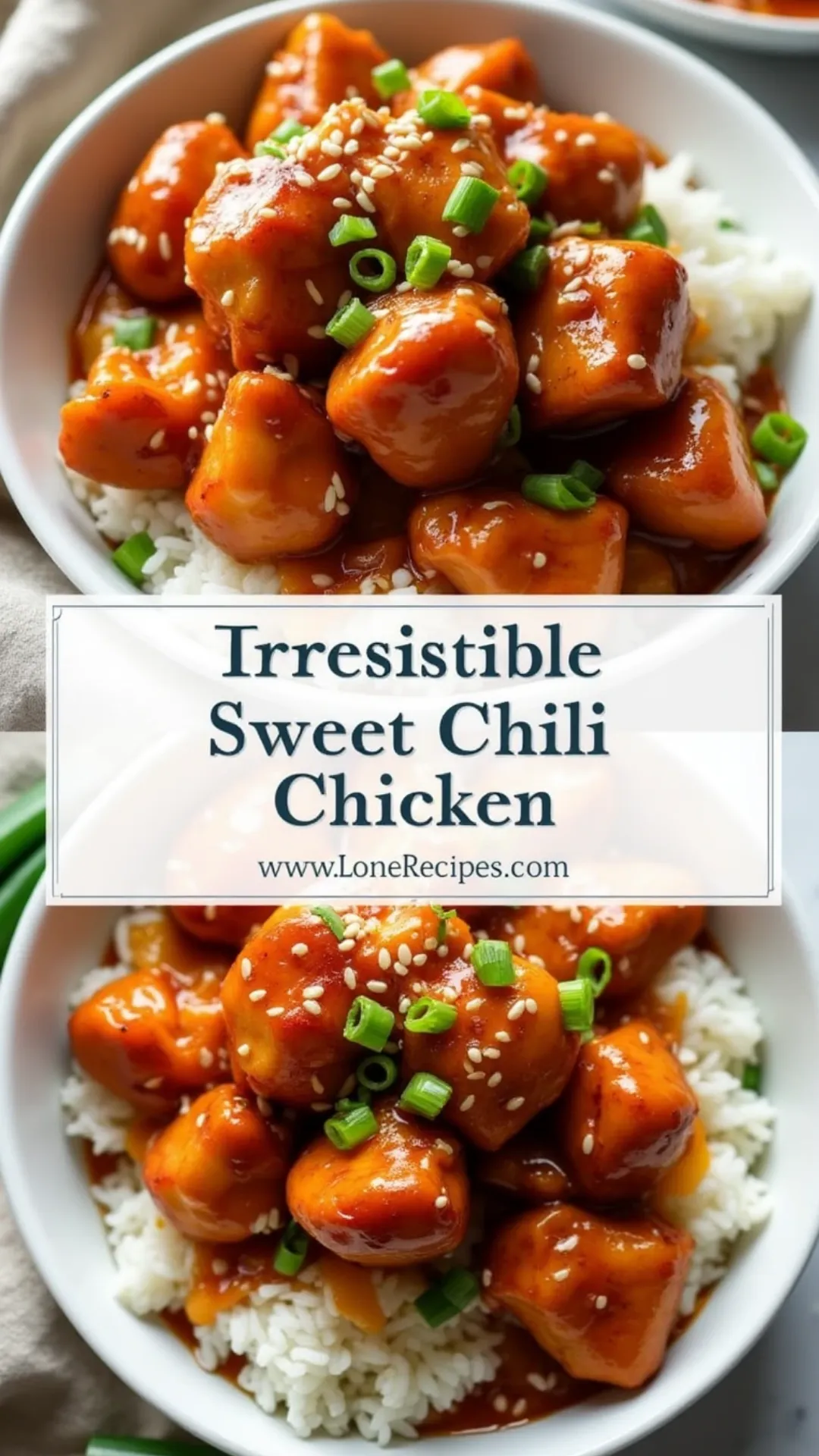 Sticky glazed chicken pieces with caramelized edges over fluffy jasmine rice bowl