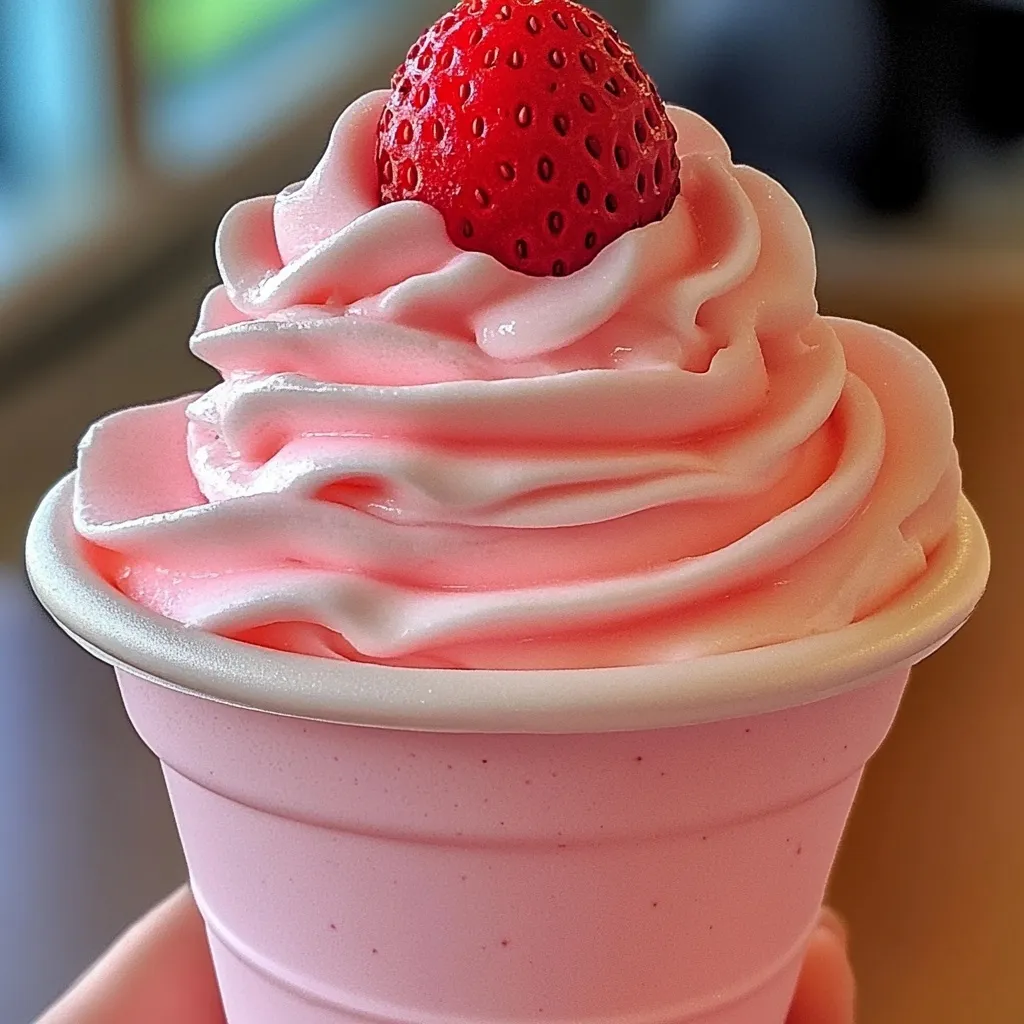 Homemade strawberry dole whip frozen dessert served in waffle cones with beautiful pink color