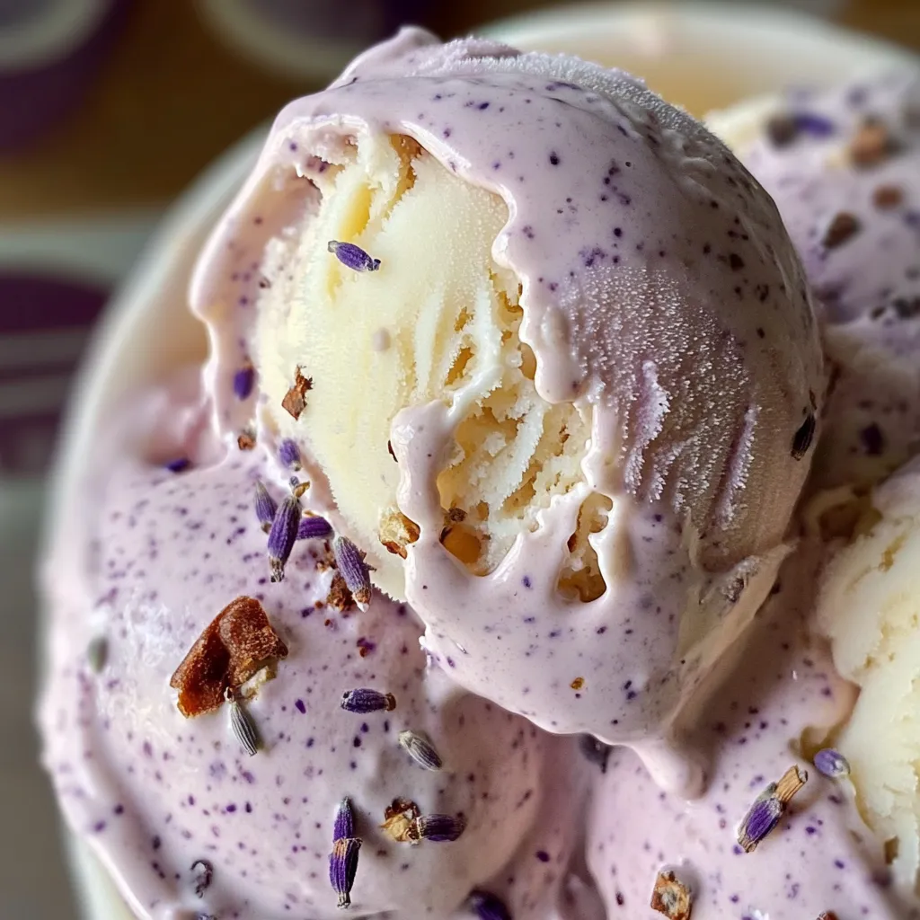 Artisanal homemade lavender ice cream with floral purple swirls and natural lavender flower garnish
