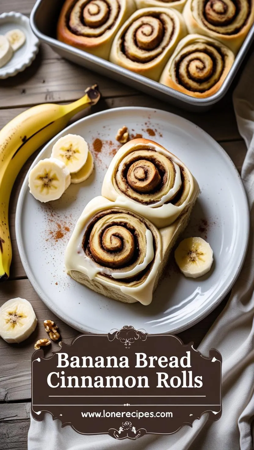Homemade banana cinnamon rolls dripping with frosting served on rustic wooden table with whole banana