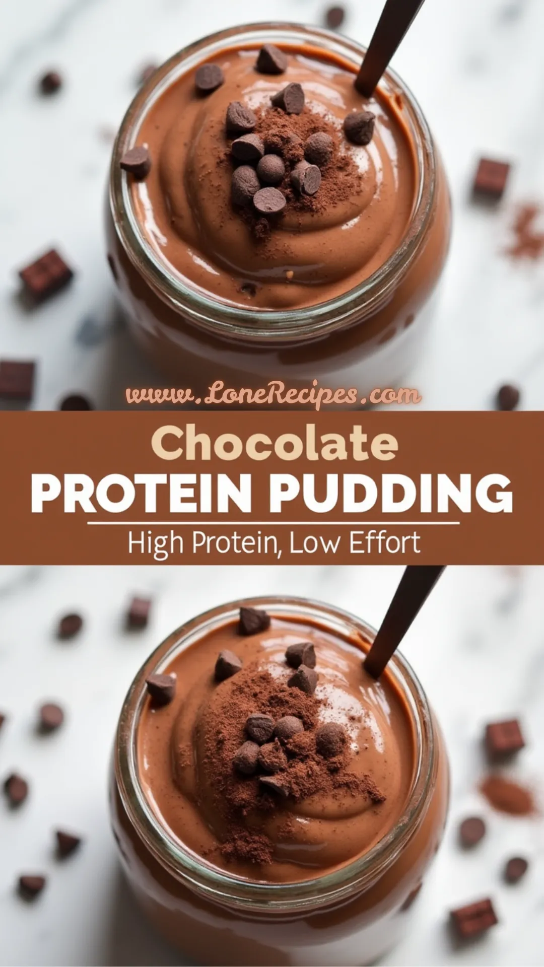 Silky smooth high-protein chocolate pudding garnished with chocolate chips and cocoa dust