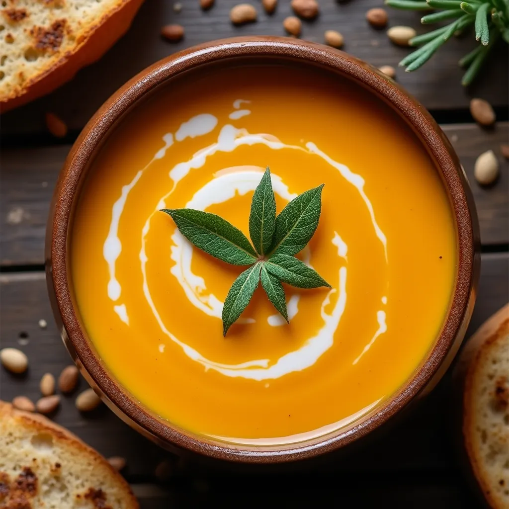Vibrant autumn soup with cream swirl and fresh herbs on wooden table