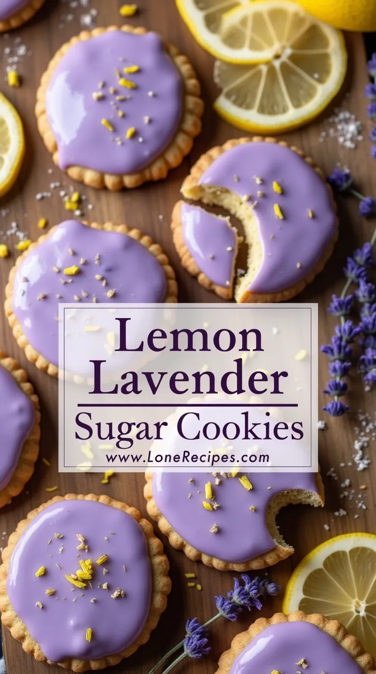Overhead shot of glazed lavender cookies with lemon slices and purple flowers on rustic cutting board