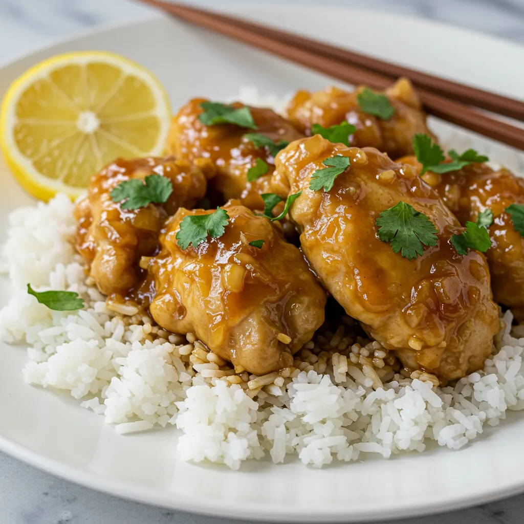 Tender chicken pieces in honey glaze with sesame seeds and lime wedge