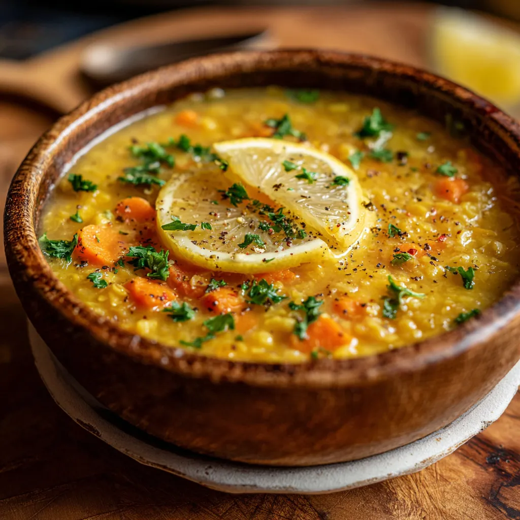 Nourishing yellow lentil soup with carrots and herbs in beautiful wooden serving bowl on natural wood surface