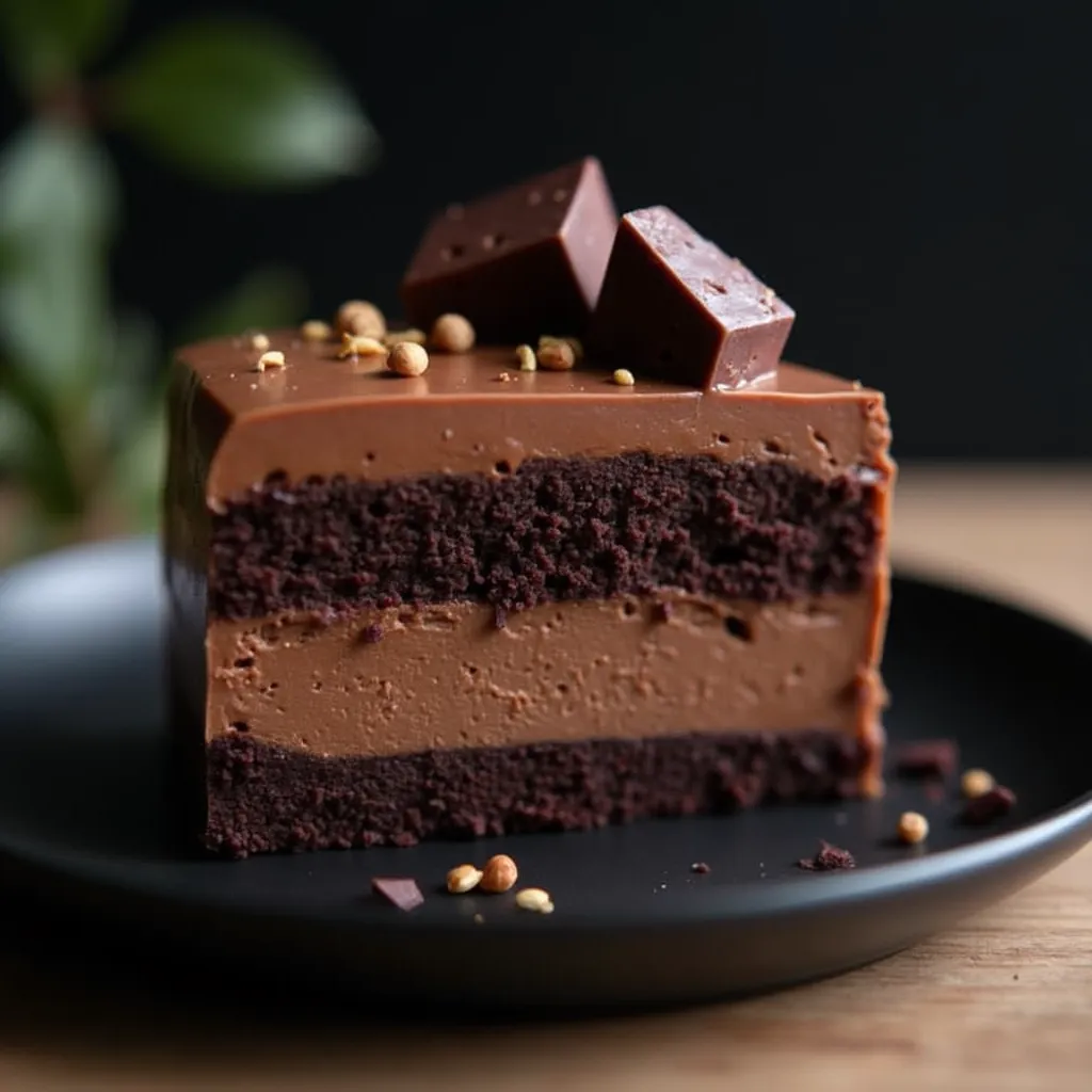 Rich chocolate mousse cake slice showing perfect layers of brownie, mousse, and ganache