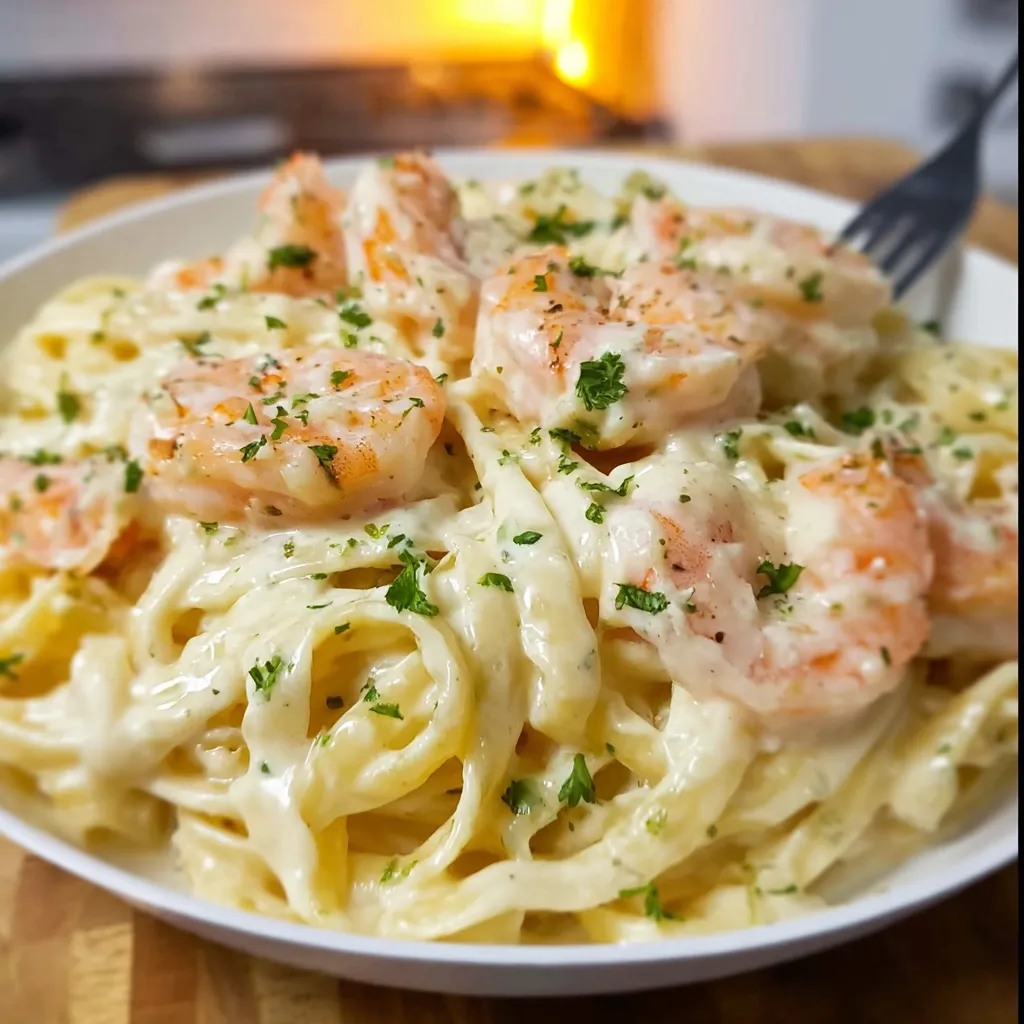 Luxurious pasta dish with succulent shrimp and rich alfredo sauce